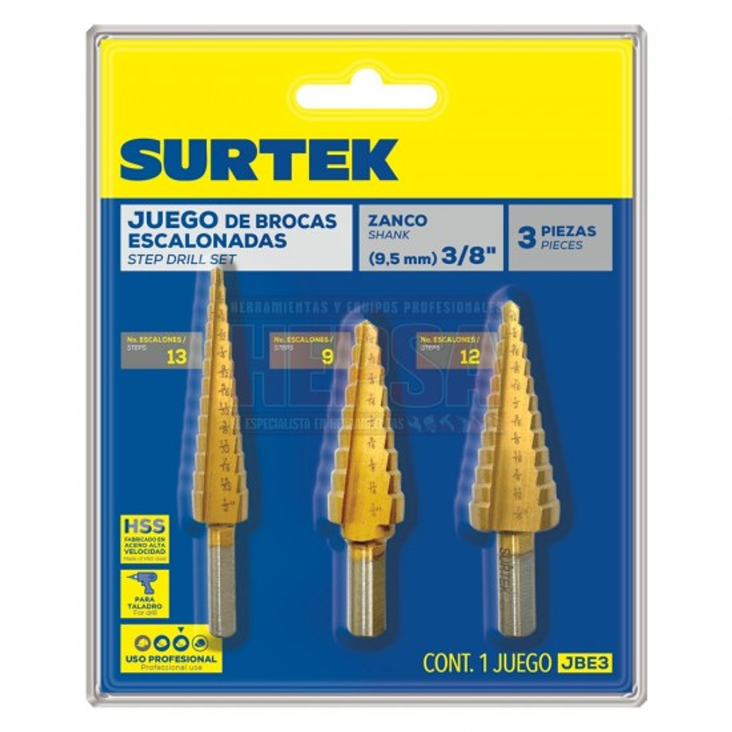 Juego de brocas escalonadas con doble estría de alta velocidad zanco 3 planos, 3 piezas 1