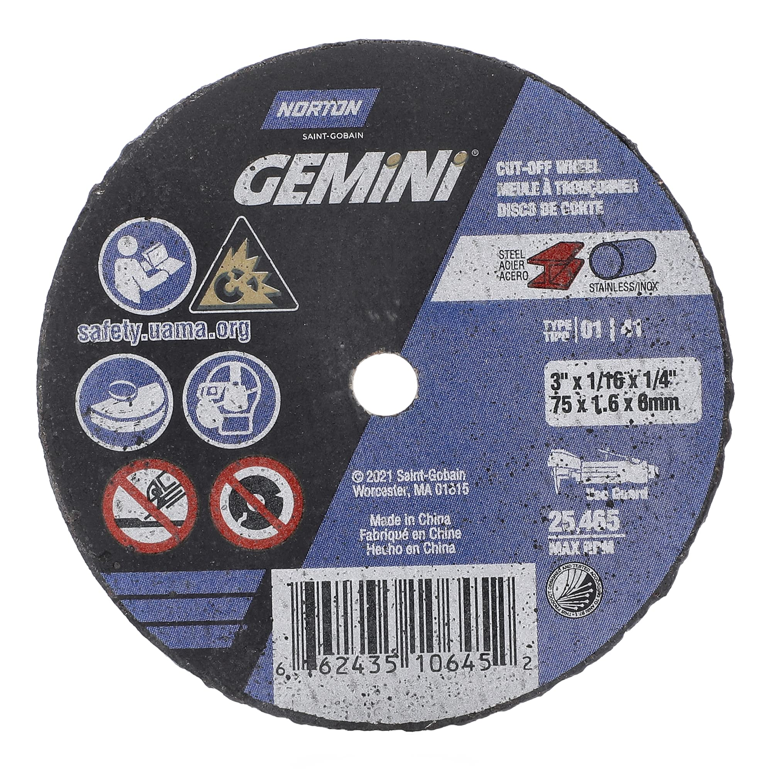 DISCO ABRASIVO CORTE 3 X 1/16 X 1/4 TIPO 1 GEMINI 1