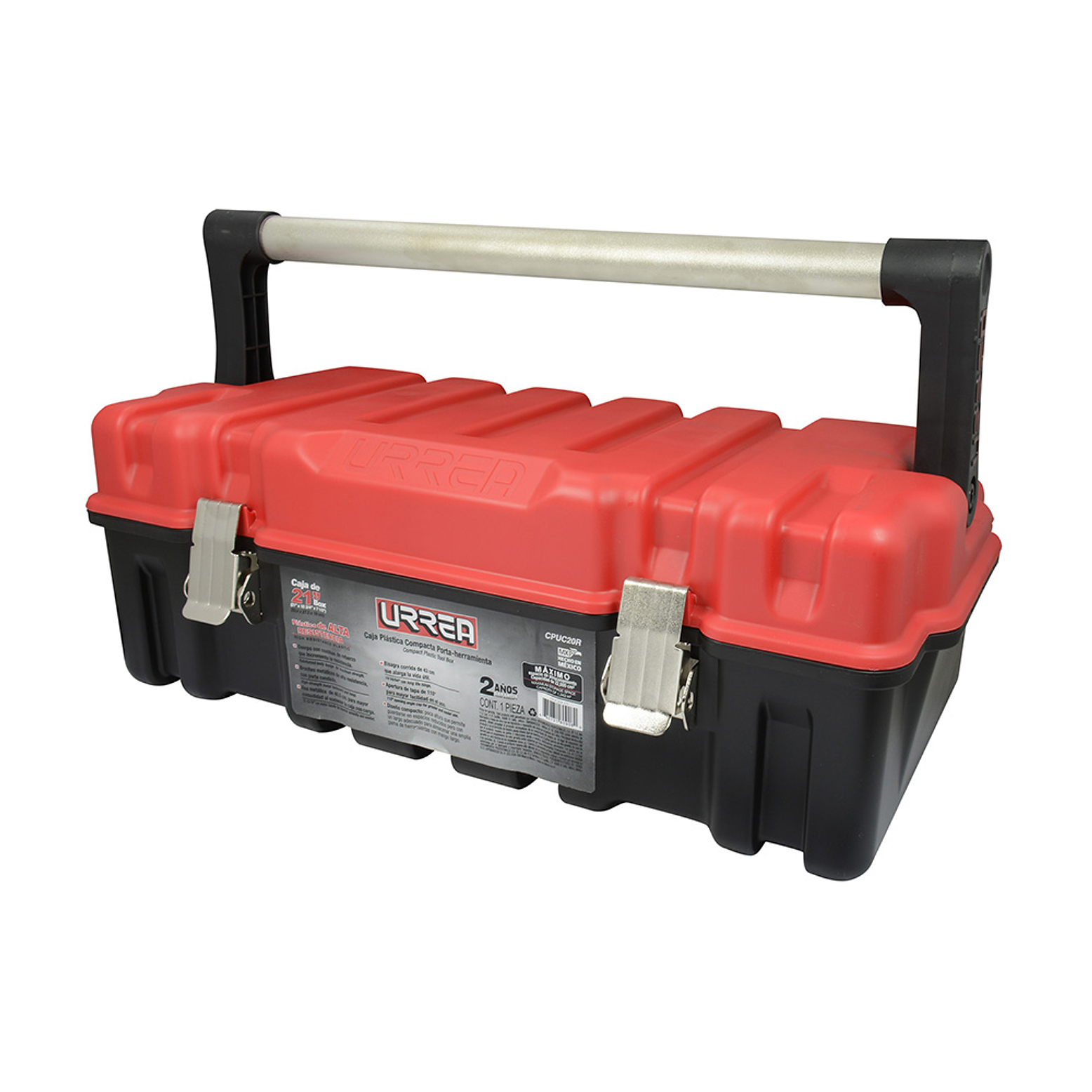 Caja portaherramientas plástica compacta con broches metálicos y tapa roja 21