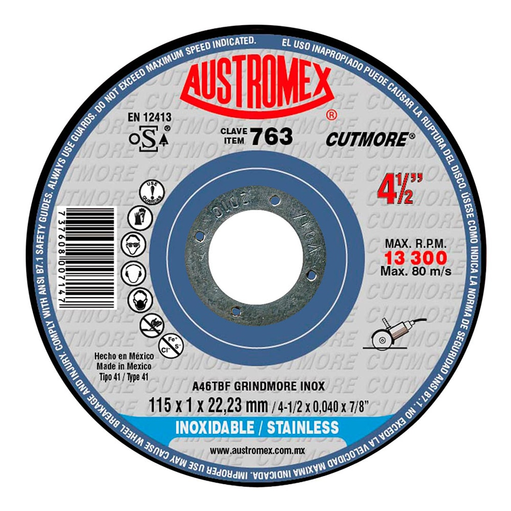 DISCO ABRASIVO CORTE 4 1/2 X 3/64 X 7/8 GRINDMORE INOX 1