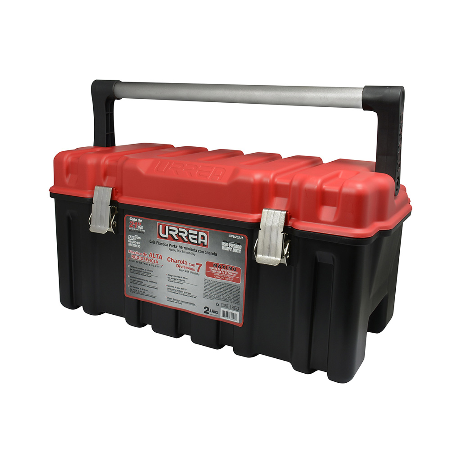 Caja portaherramientas plástica con broches metálicos, charola y tapa roja 21