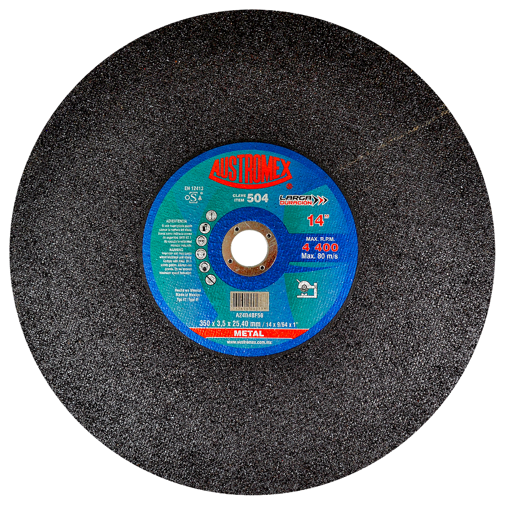 DISCO ABRASIVO DE 350 X 3.5 X 25.40 MM PARA CORTE DE TODO TIPO DE ACERO, HIERRO Y VARILLA 1