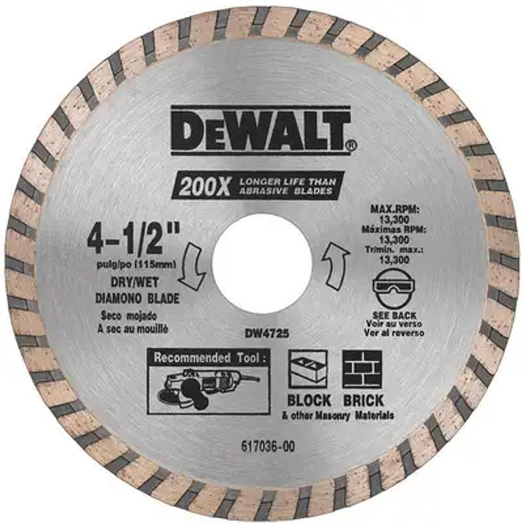 DRY DIAMOND SAW BLADE, TURBO RIM TYPE, APPLICATION: MASONRY 4 1/2