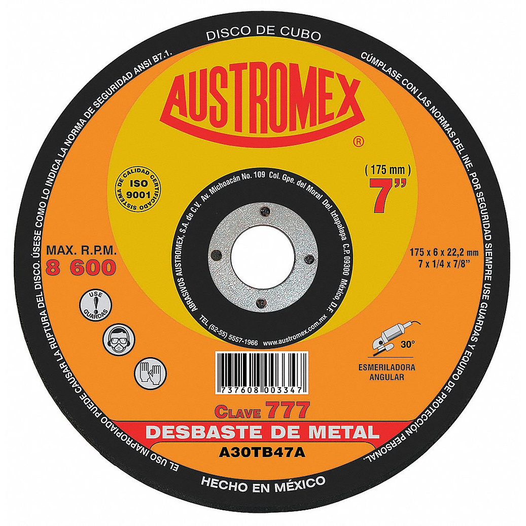 DISCO ABRASIVO DESBASTE METAL. 7X1/4X5/8 11 A30TB47 1