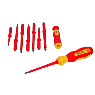 Juego de destornilladores con mango bimaterial y puntas intercambiables 1000 V, 10 piezas