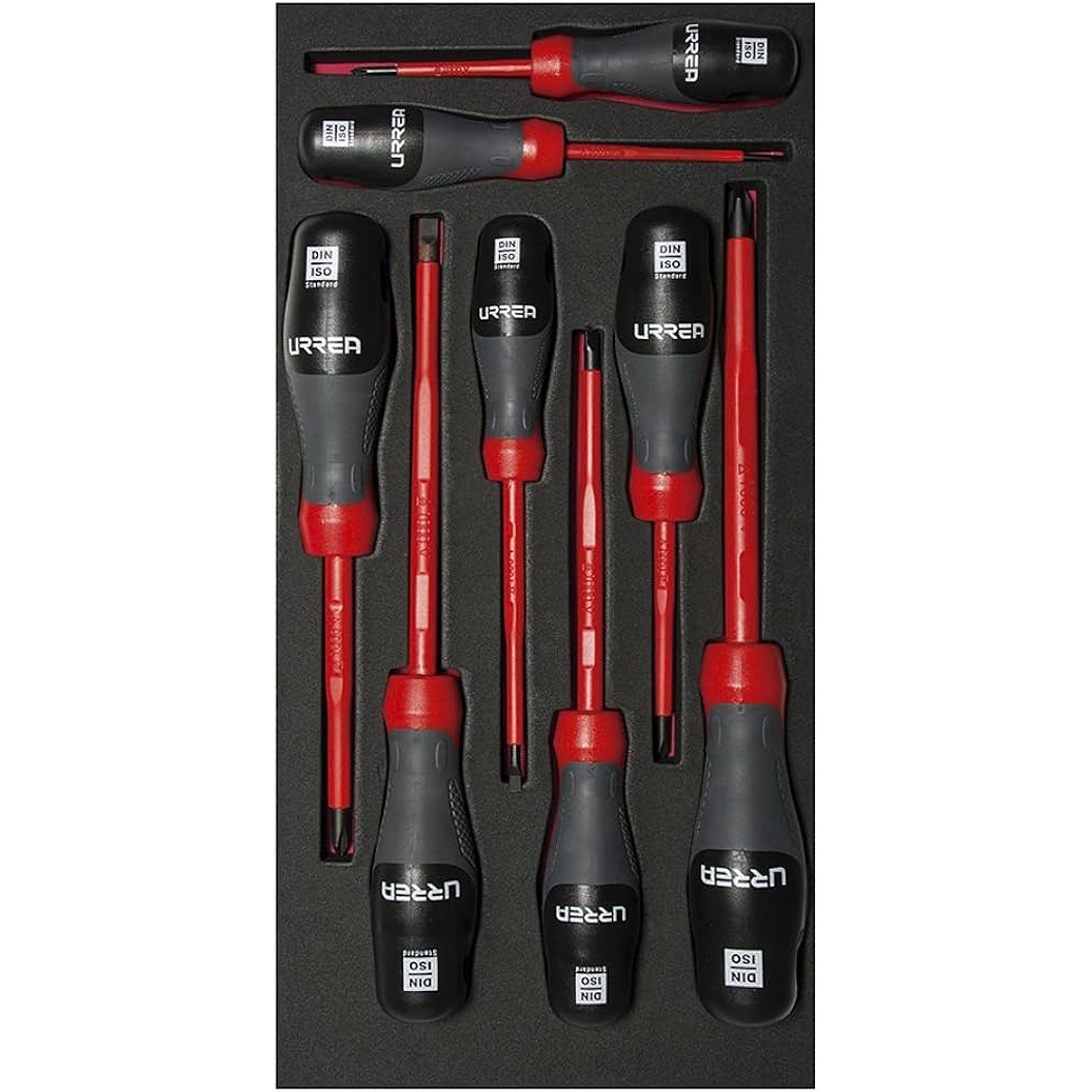 Juego de destornilladores trimaterial 1000 V, varias puntas bandeja laminada, 8 piezas 1