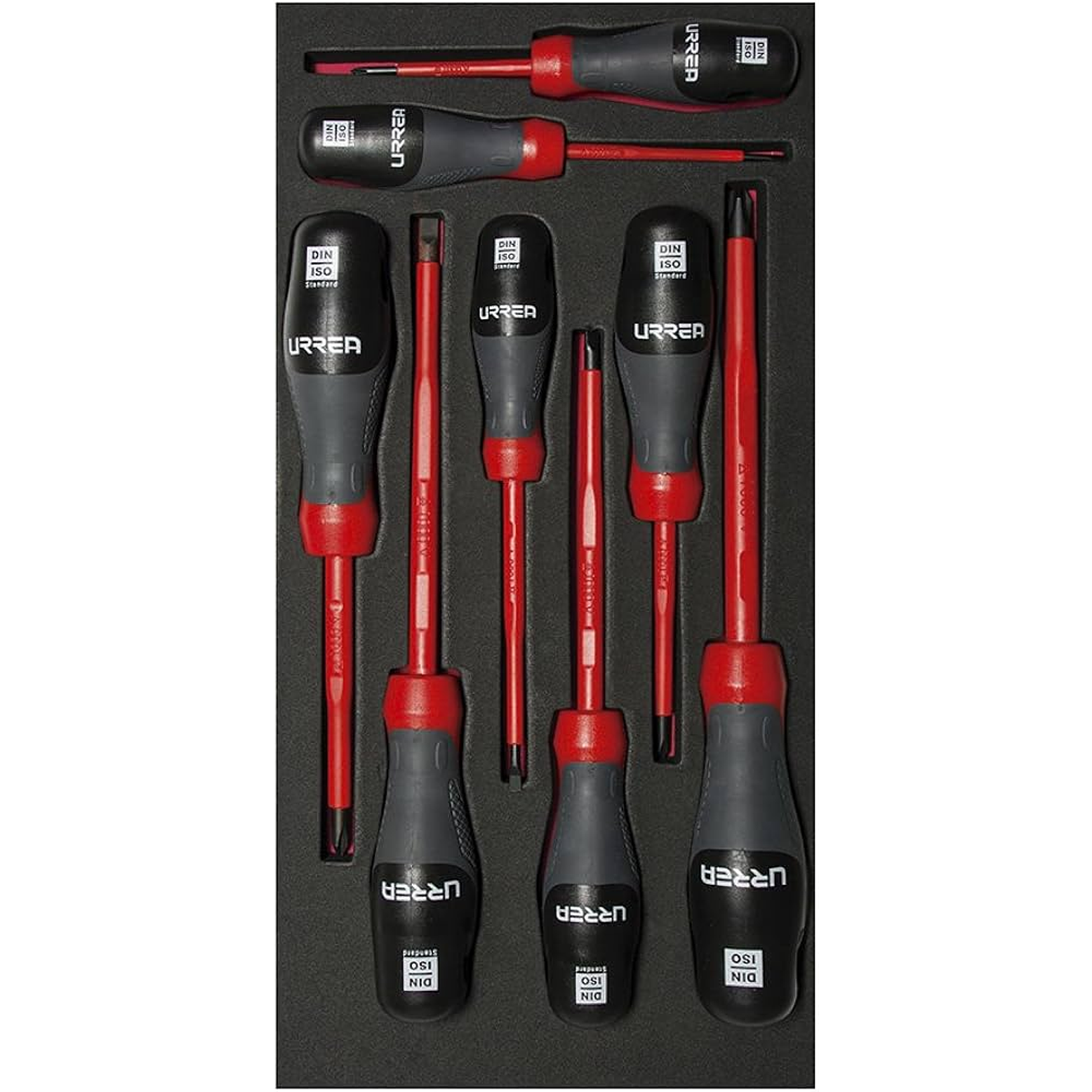 Juego de destornilladores trimaterial 1000 V, varias puntas bandeja laminada, 8 piezas 1