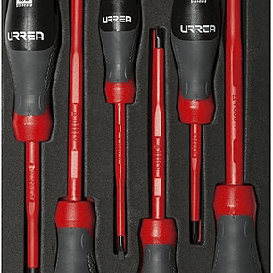 Juego de destornilladores trimaterial 1000 V, varias puntas bandeja laminada, 8 piezas