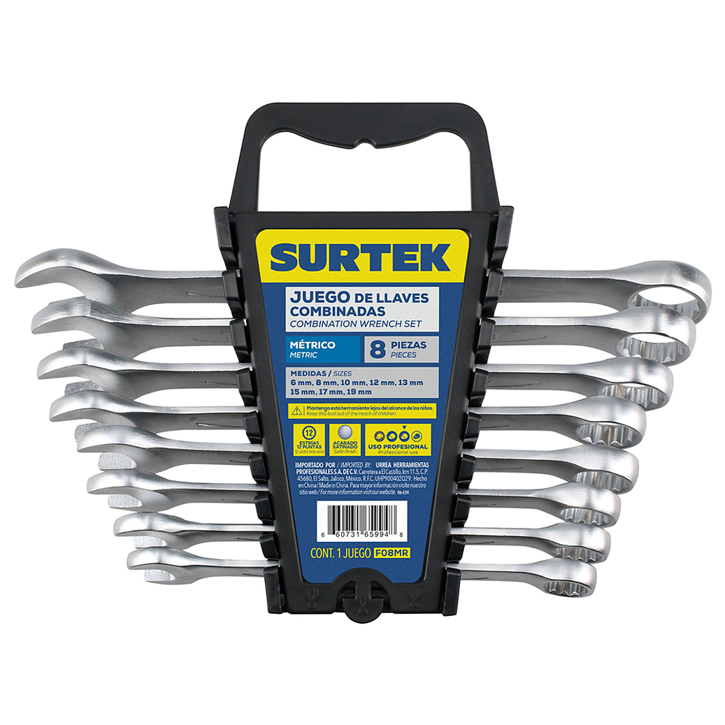 Juego de llaves combinadas satinadas métricas, 12 puntas, 8  piezas en rack 1