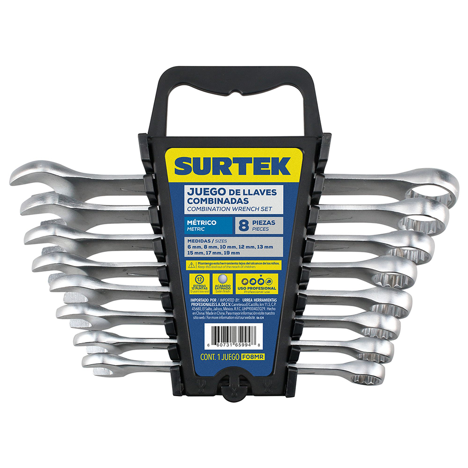 Juego de llaves combinadas satinadas métricas, 12 puntas, 8  piezas en rack 1