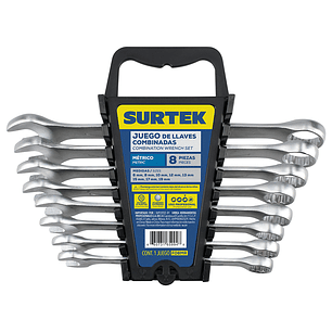 Juego de llaves combinadas satinadas métricas, 12 puntas, 8  piezas en rack
