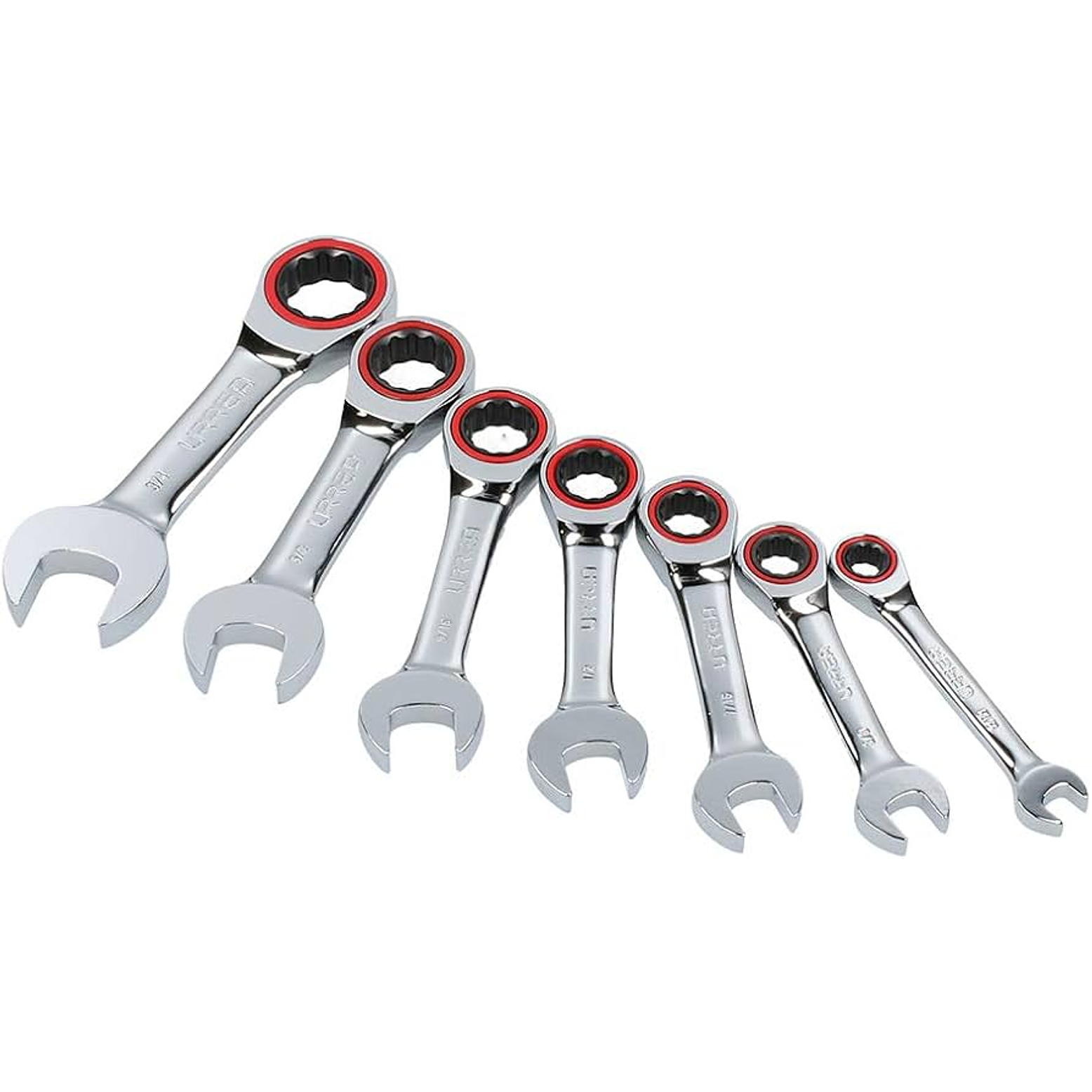 Juego de llaves combinadas pulido espejo de matraca cortas en pulgadas,12 puntas, 7 piezas 1