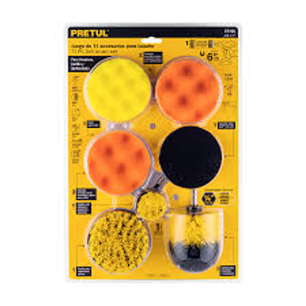 JUEGO 11 ACCESORIOS DE LIMPIEZA Y PULIDO P/TALADRO, PRETUL 1