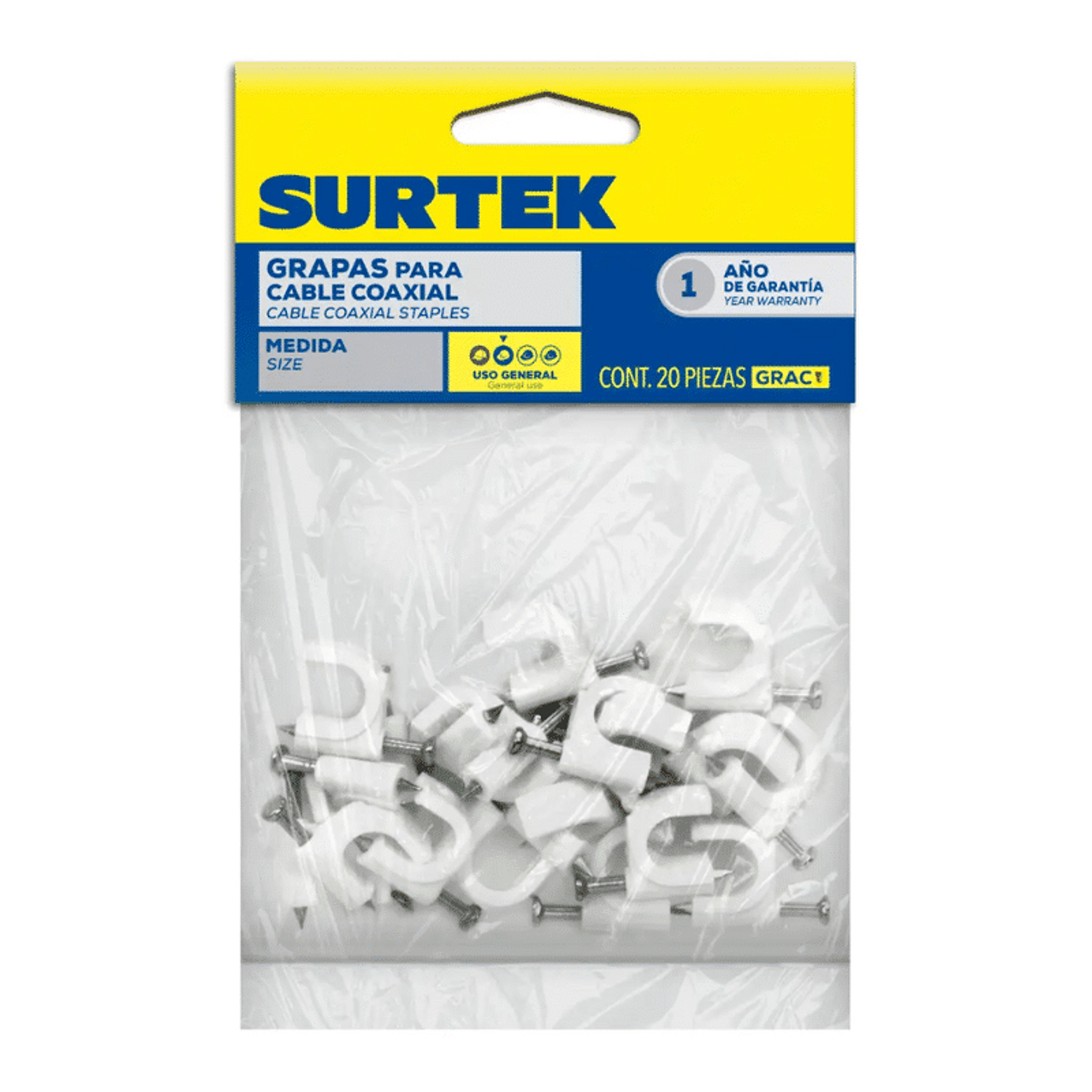GRAPA PARA CABLE COAXIAL 12 MM BLANCO 20 PIEZAS SURTEK 1