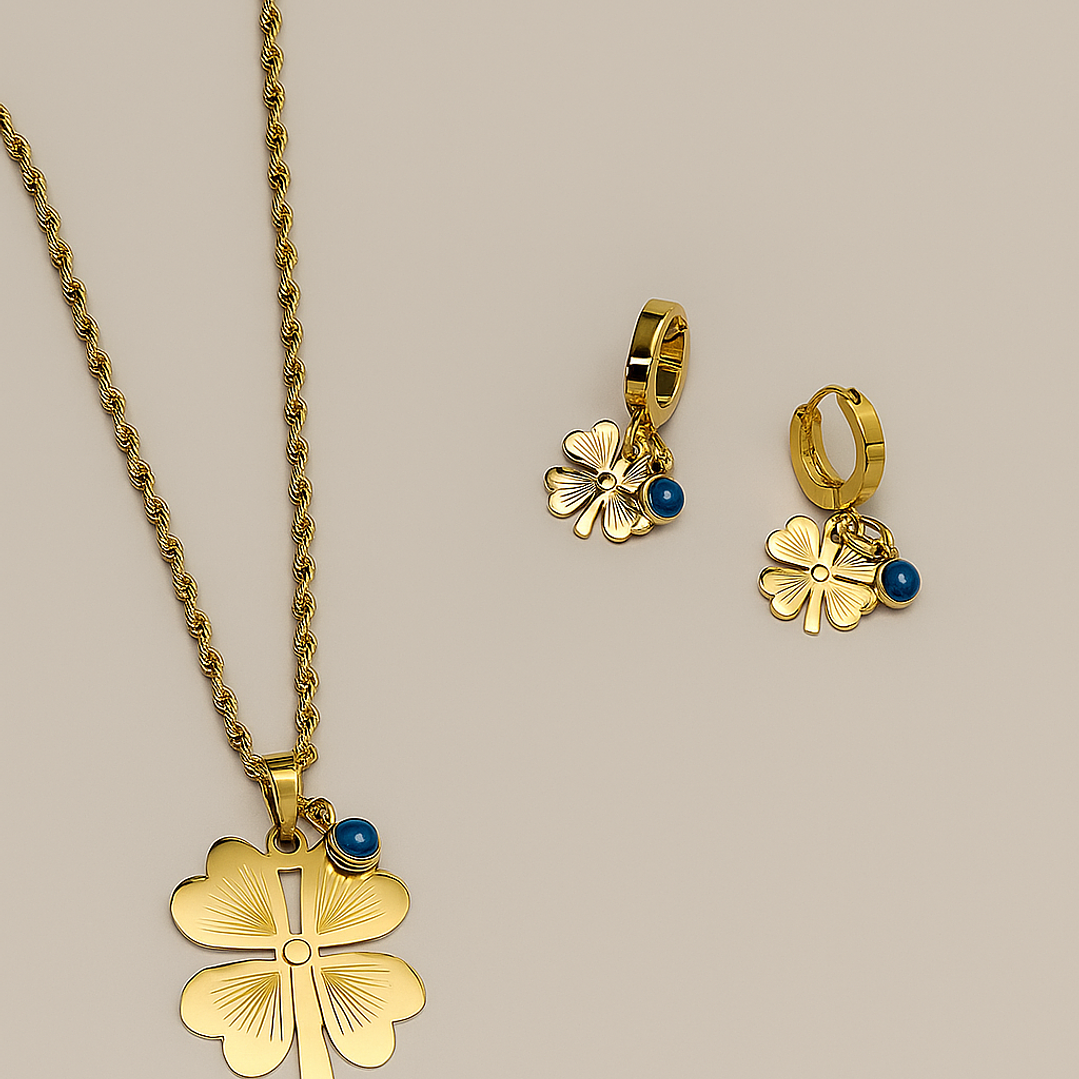 Set collar y pulsera Trébol destello azul 1