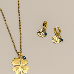 Set collar y pulsera Trébol destello azul