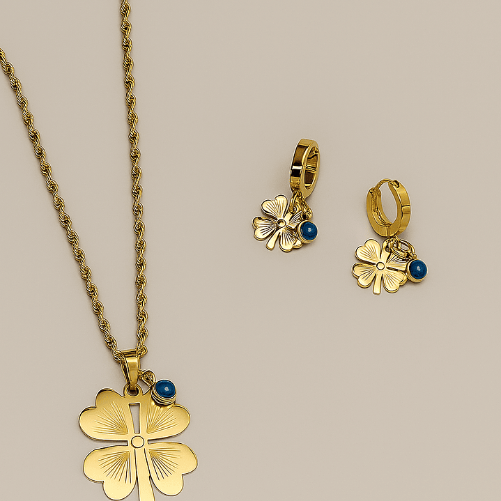 Set collar y pulsera Trébol destello azul 1