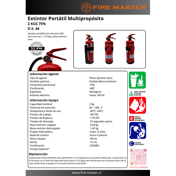 Pack 6 Extintores de 2 KG D.S. n° 44 FIRE MASTER 1