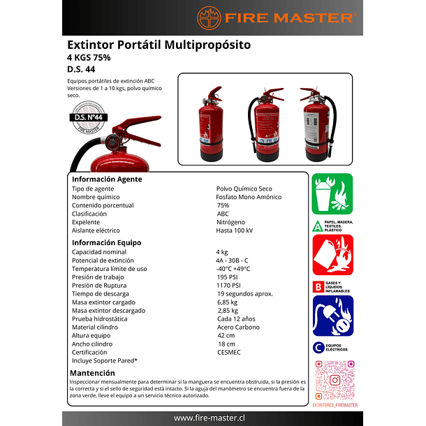 Extintor 4 Kg P.Q.S. FIRE MASTER Multipropósito