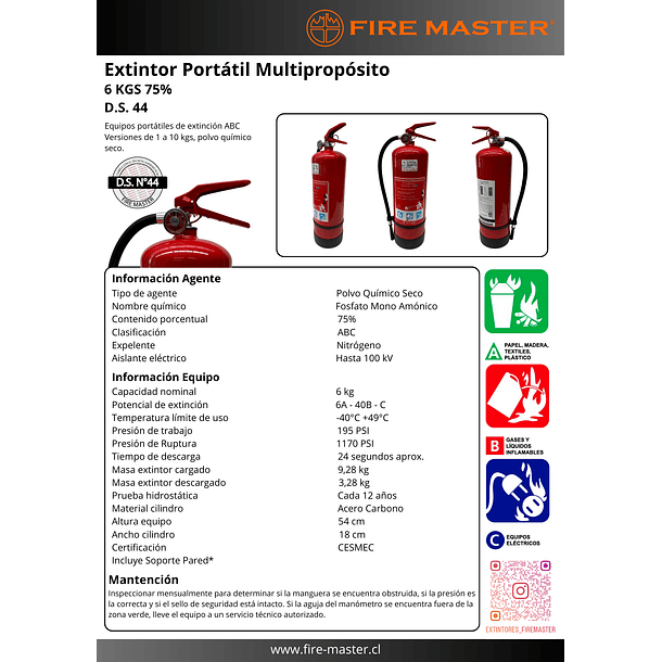 Extintor 6 Kg P.Q.S. FIRE MASTER Multipropósito