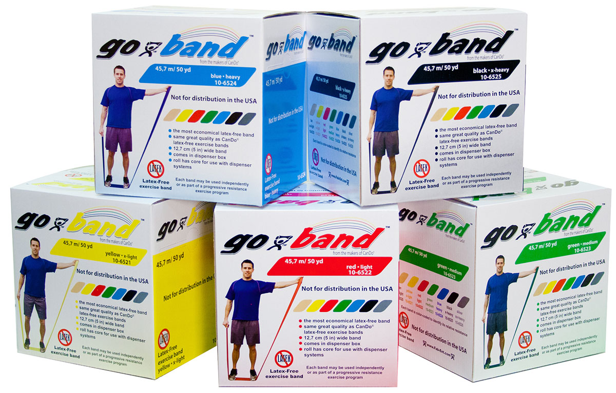 Set de Bandas elásticas 45,7 metros Cando Go-Band 5 resistencias amarilla, rojo, verde, azul y negro.