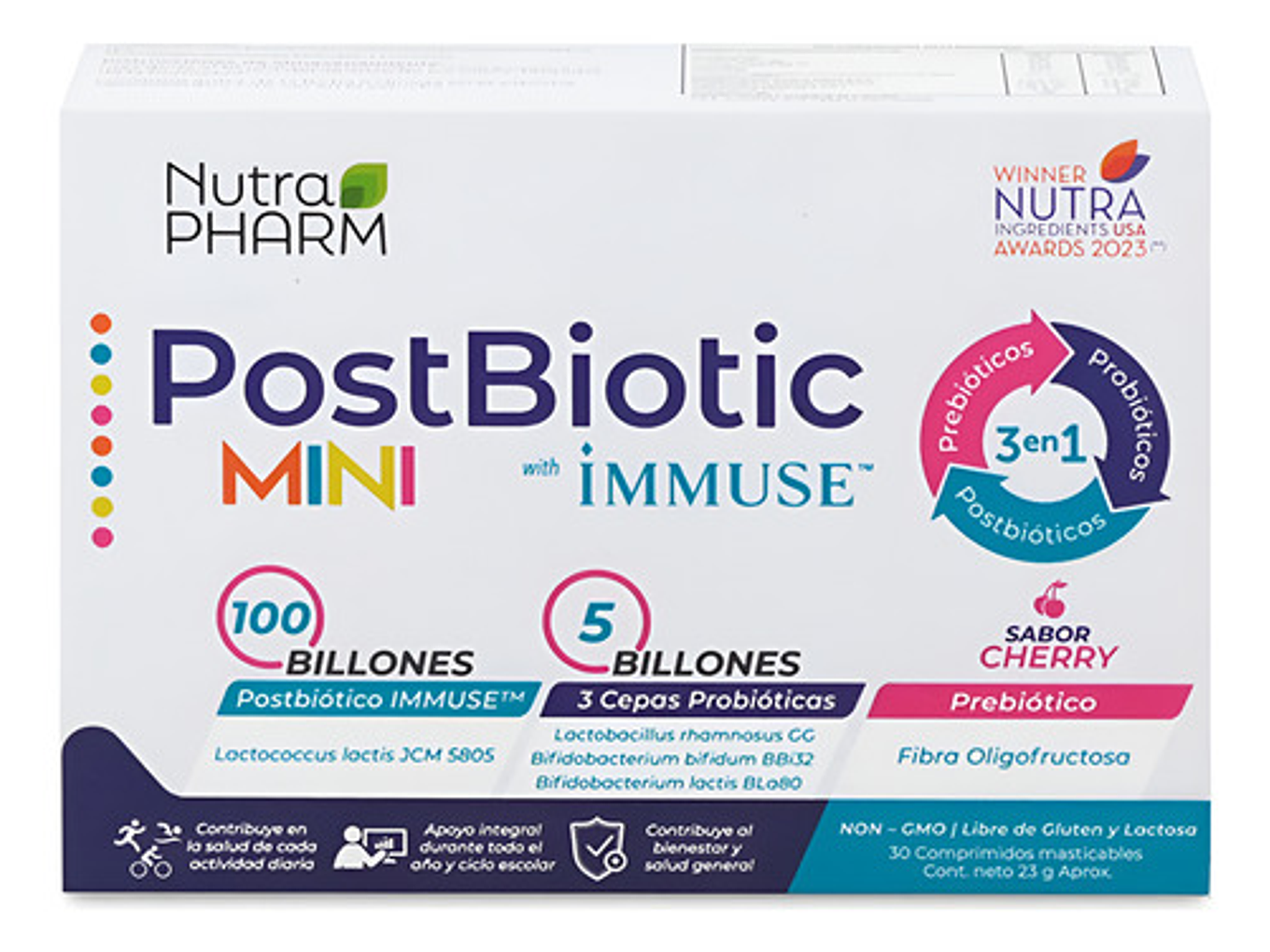 Nutrapharm Postbiotic Mini Immuse Niño 30 Caps. Agronewen Sabor Cherry 1
