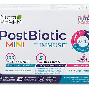 Nutrapharm Postbiotic Mini Immuse Niño 30 Caps. Agronewen Sabor Cherry