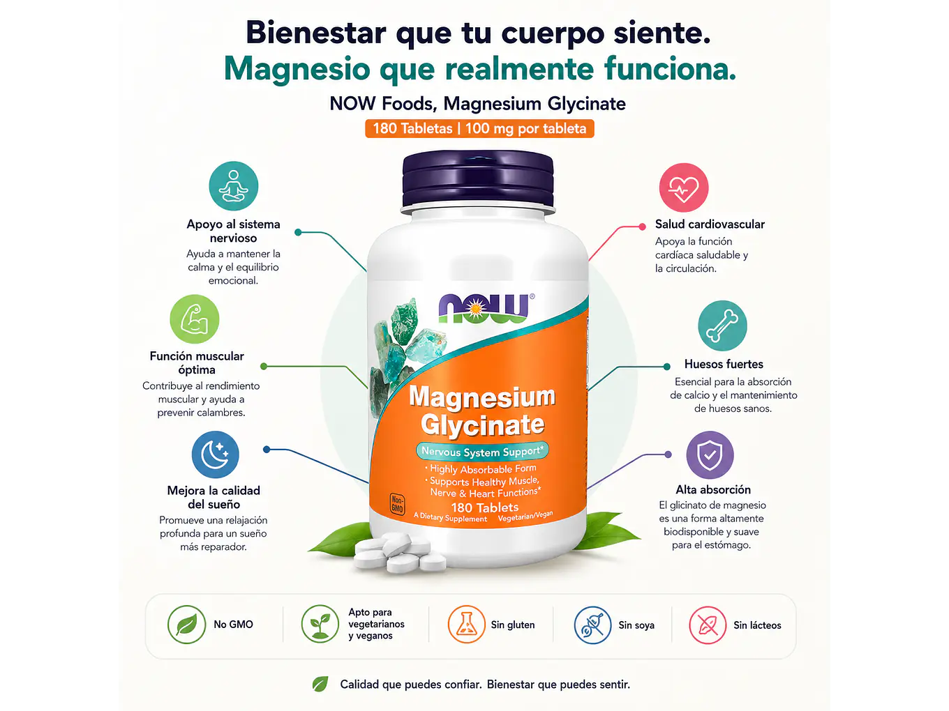 Glicinato de magnesio Now Foods, 180 comprimidos, sin sabor 2