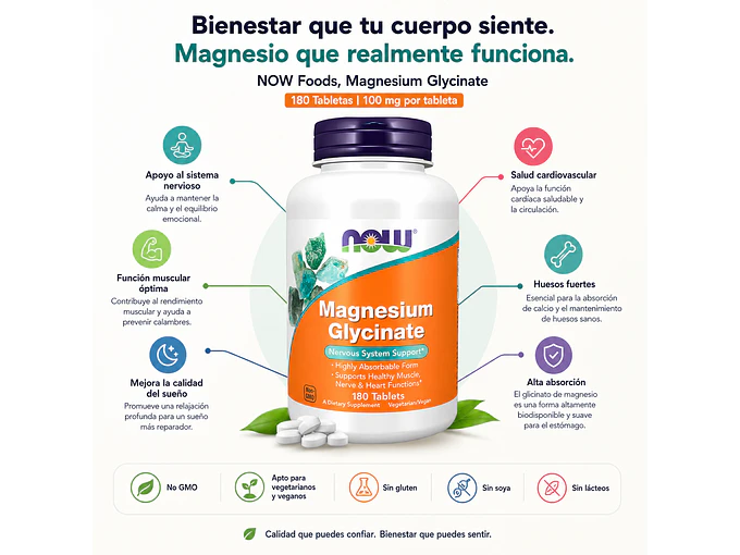 Glicinato de magnesio Now Foods, 180 comprimidos, sin sabor 2