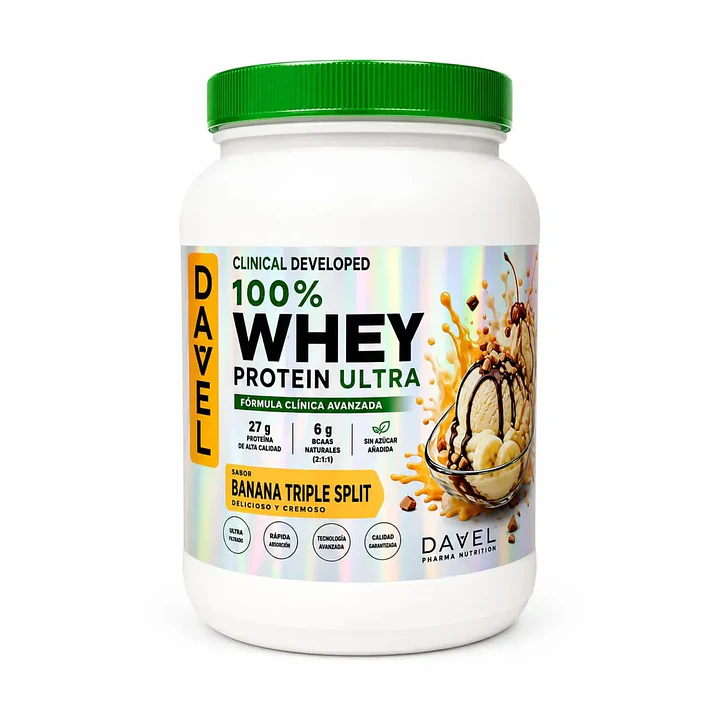 Proteína 100% Whey Protein Ultra Sabor Banana Triple Split - 1kg 33 Porciones - Suplemento Davel 1