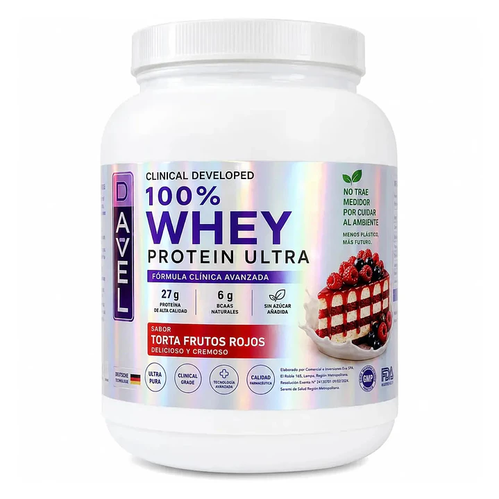Proteína 100% Whey Protein Ultra Sabor Torta Frutos Rojos - 1kg 33 Porciones - Suplemento Davel 1
