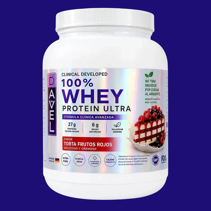 Proteína 100% Whey Protein Ultra Sabor Torta Frutos Rojos - 1kg 33 Porciones - Suplemento Davel 2