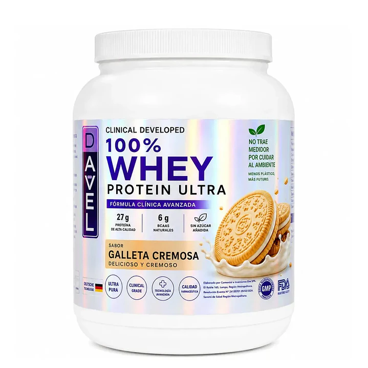 Proteína 100% Whey Protein Ultra Sabor Galleta Cremosa - 1kg 33 Porciones - Suplemento Davel Galleta Cremosa 1