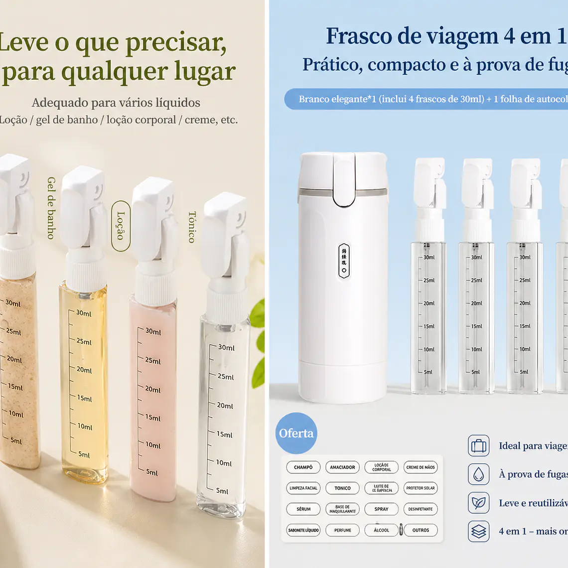 Frasco 4 em 1 para Viagem – Shampoo, Gel e Cosméticos | Portátil, Recarregável e Sem Vazamentos 5