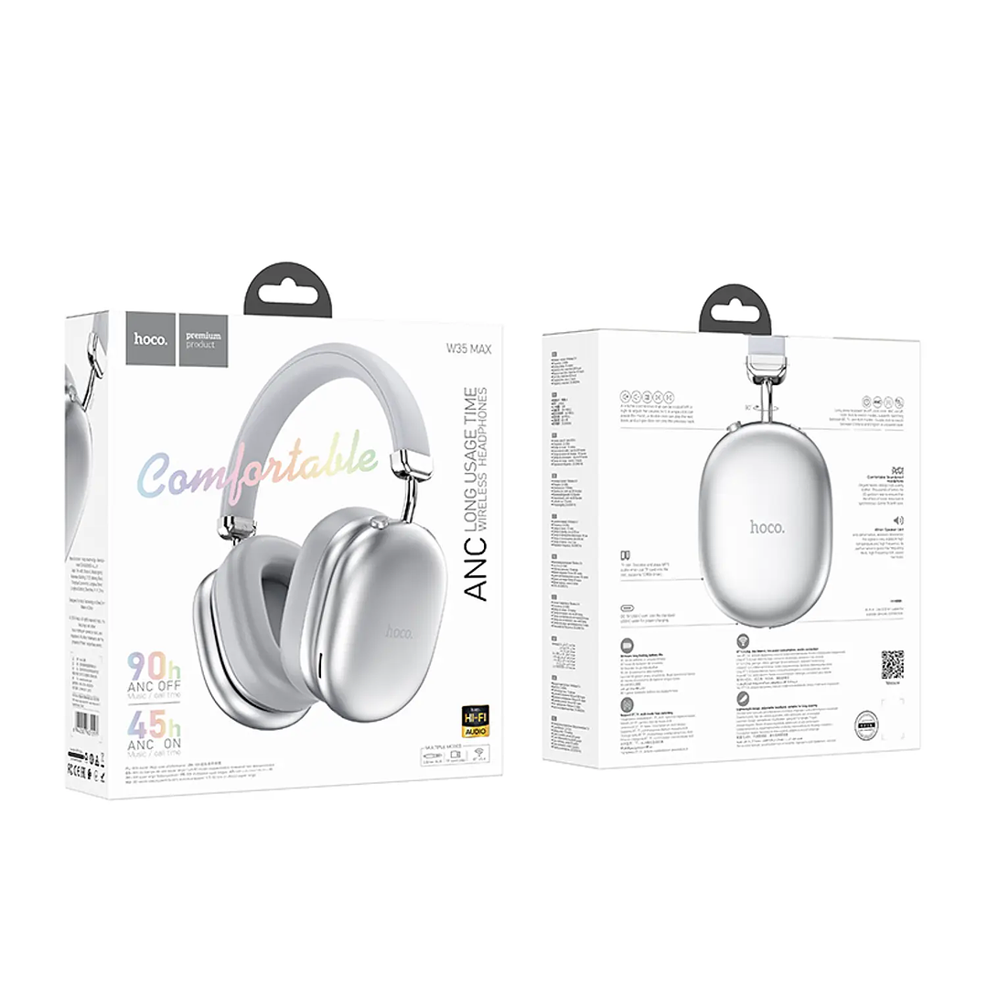 Audífonos Hoco W35 Max Auspicious Bluetooth ANC Inalámbricos Silver (Plateados) con 90H 3