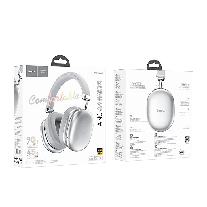 Audífonos Hoco W35 Max Auspicious Bluetooth ANC Inalámbricos Silver (Plateados) con 90H 3
