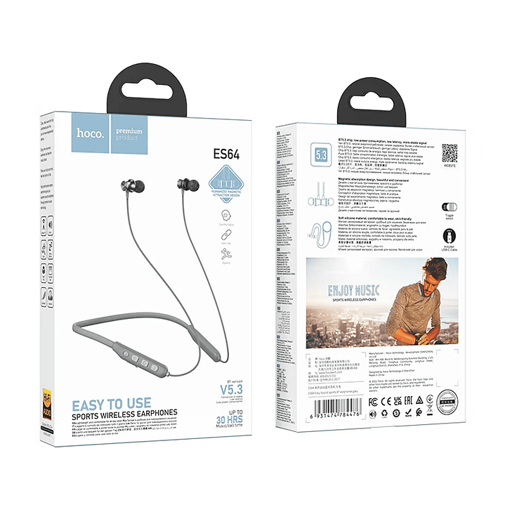 Hoco ES64 Gris – Auriculares de Cuello Bluetooth 5.3 Sports 3