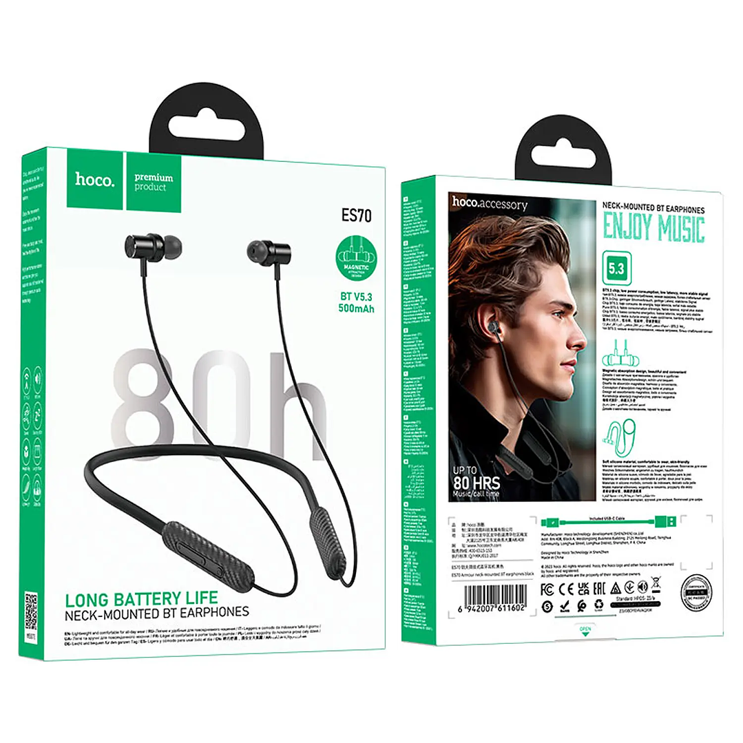 Hoco ES70 Armour Negro – Auriculares de Cuello Bluetooth 5.3, 80h 3
