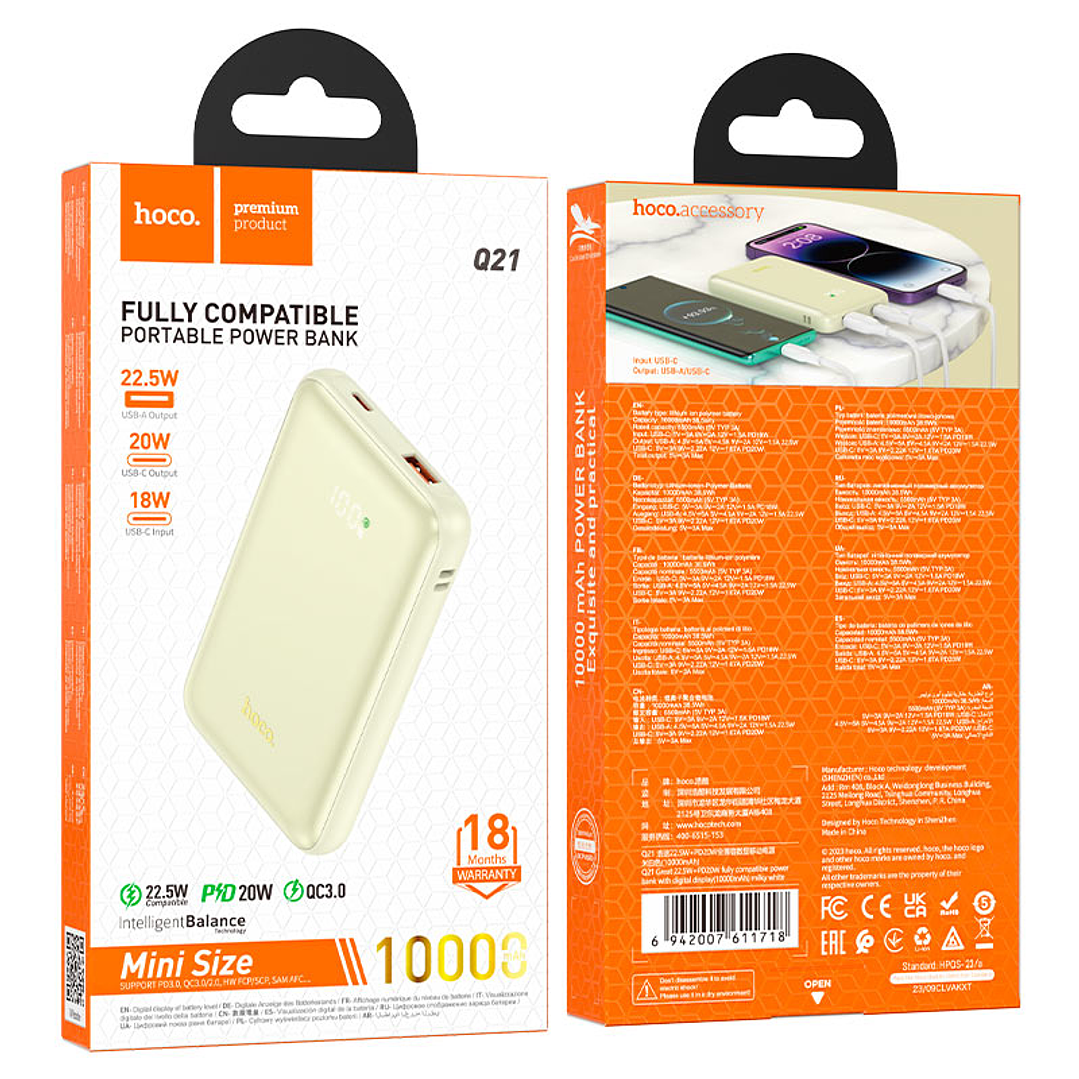 Batería externa Hoco Q21 - 22,5W 10000mAh, Powerbank Blanco 2