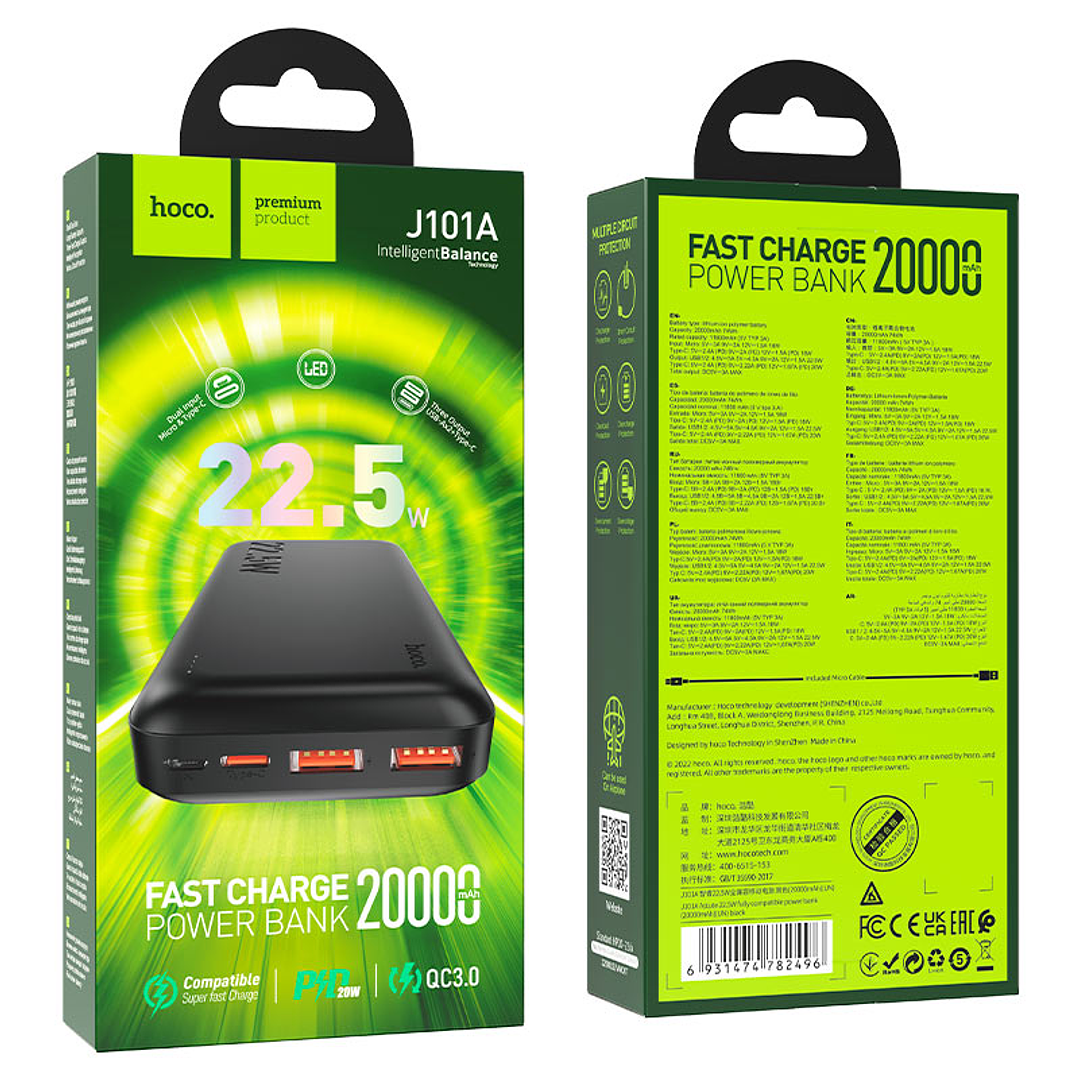 Powerbank J101A Astute, 22,5 W 20000 mAh, Negro 2