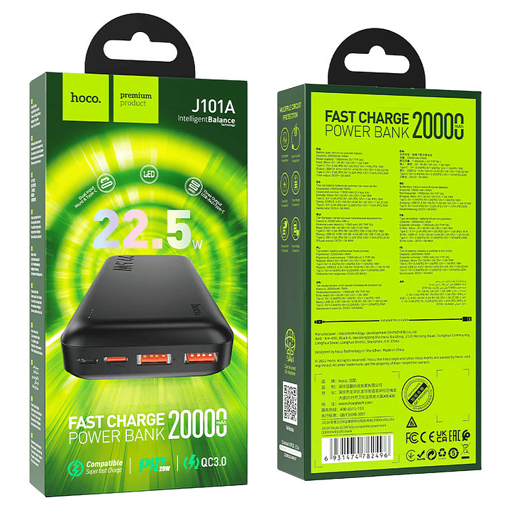 Powerbank J101A Astute, 22,5 W 20000 mAh, Negro 2