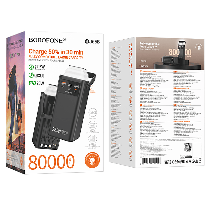 Powerbank Borofone BJ65B High 22.5W+PD20W+4 cables, 80000mAh  2