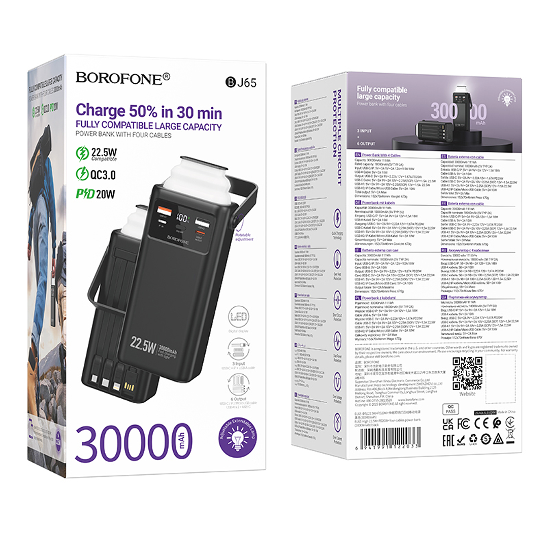 Powerbank Borofone BJ65 High 22.5W+PD20W+4 cables 30000mAh negro 2