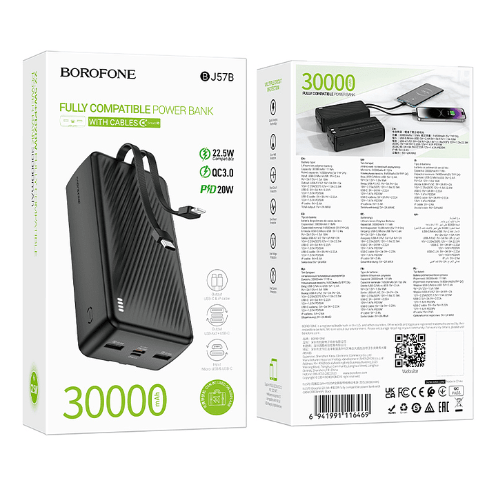 Powerbank Borofone BJ57B 30,000mAh Graceful 22.5W+PD20W Negro con cables 2