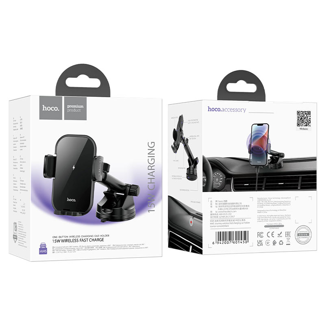 Soporte Auto cargador Hoco HW5 Journey, Negro 2