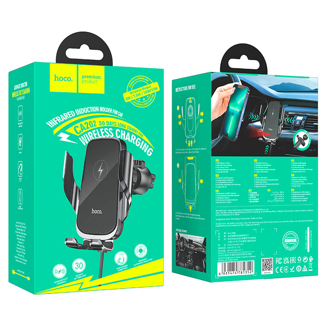 Soporte para Auto Hoco CA202 con Cargador Inalamabrico Negro 2