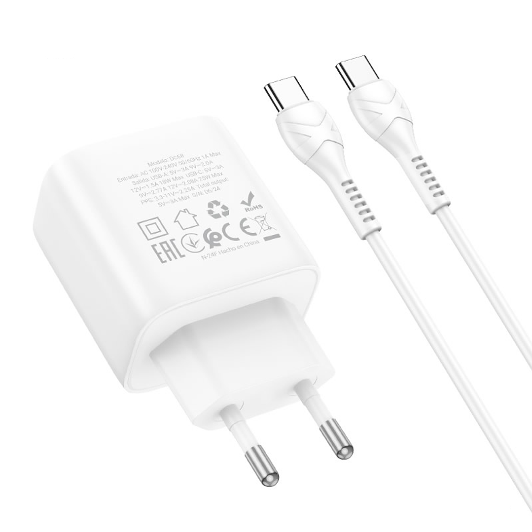 Cargador Hoco DC68 PD25+QC3.0 Cable Tipo C a Tipo C Blanco - SEC 4