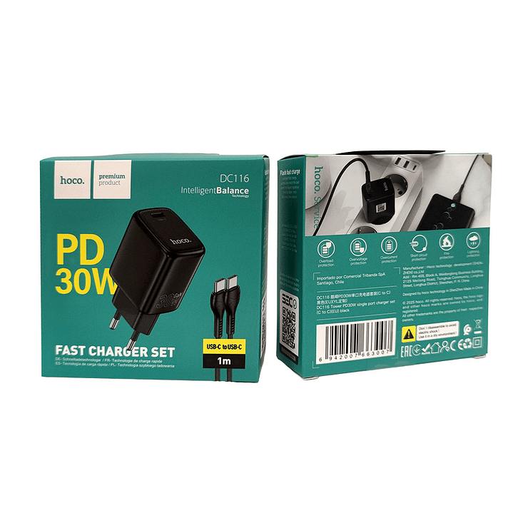 Cargador Casa Hoco DC116 Tower PD30W Cable C a C Negro SEC 1