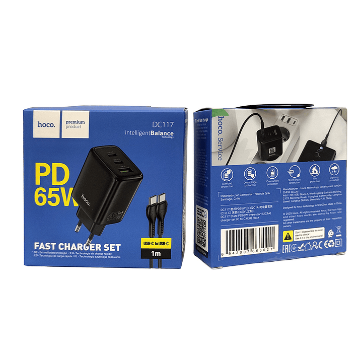 Cargador Casa Hoco DC117 State PD65W 2C1A Cable C a C Negro SEC 1