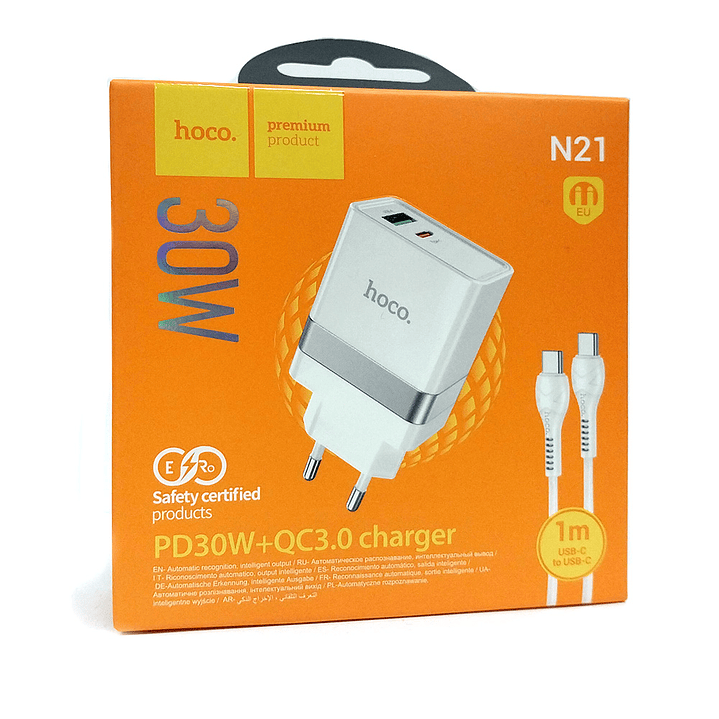 Cargador Hoco N21 PD30W+QC3.0 Cable USB C a USB C Blanco 2